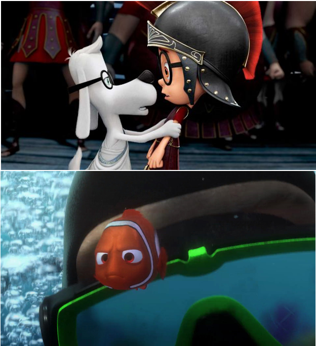(Above) Peabody forbidding Sherman from fighting the Trojan war. (Below) Nemo venturing out of the reef to prove he can do it.